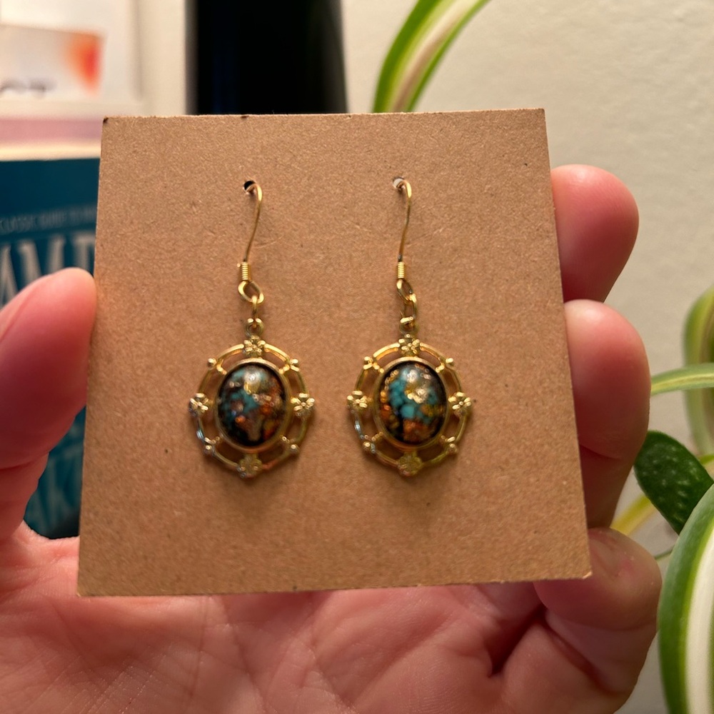 ✨ VTG, Rainbowflake Earrings Pierced Dangles Turquoise Gold Flakes - Picture 7 of 15